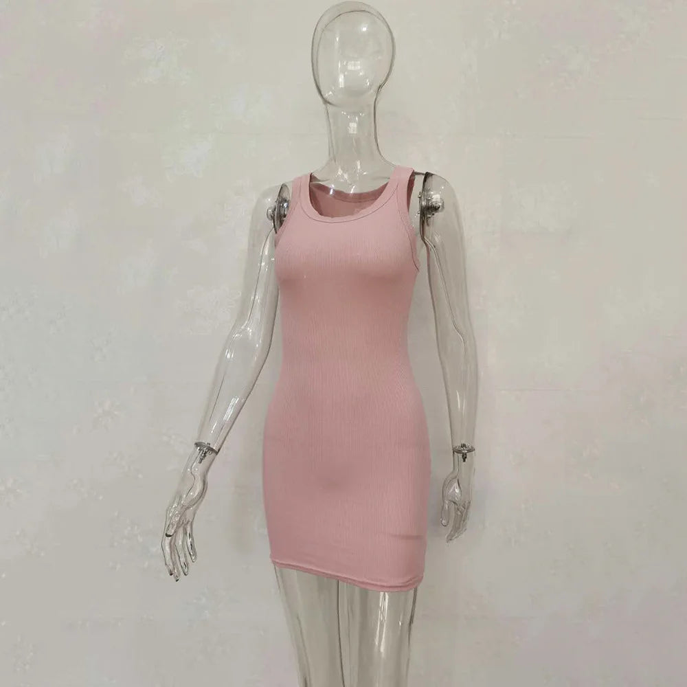Sexy Screw Thread Knitted Slim Bodycon Dress Women Sleeveless Skinny Mini Dress Elegant Club Party Vestidos