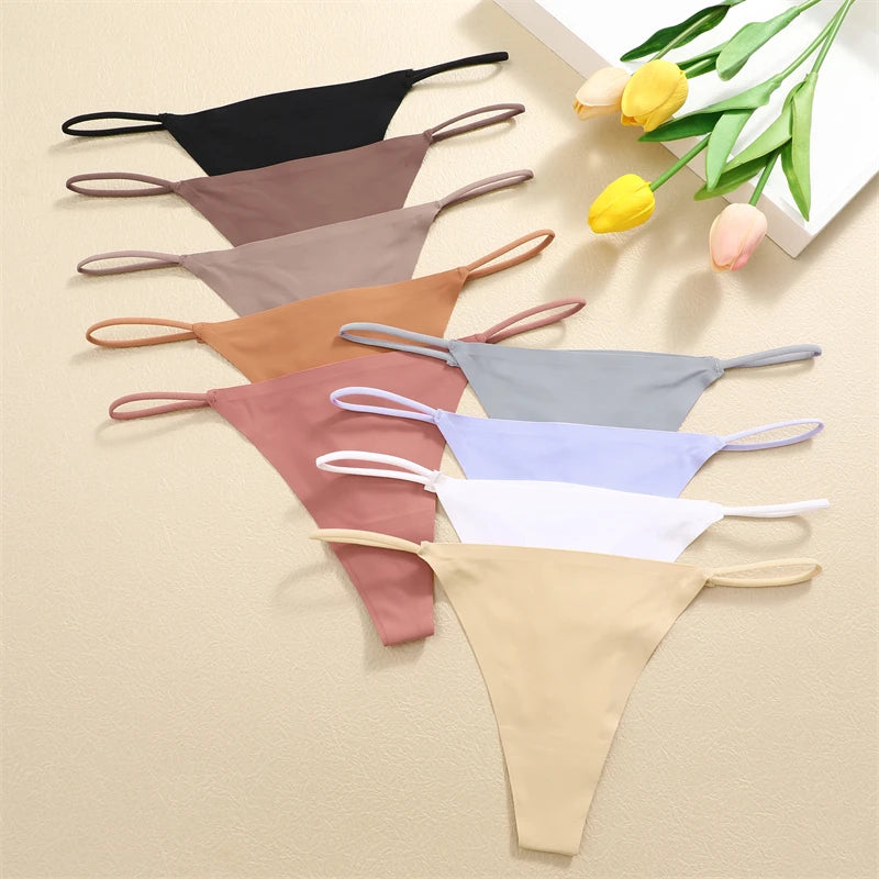 5PCS Seamless Underpants Women Ice Silk Thongs Sexy Low Waist Bikini T-back Female Solid Color Traceless G-String Panties XS-XL