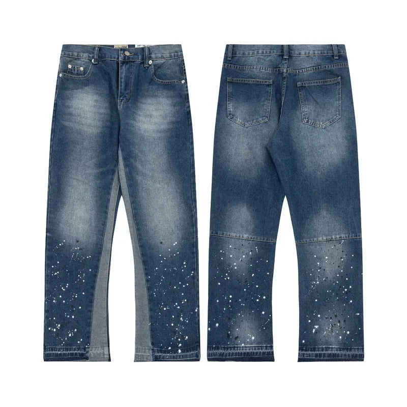 American retro washed letter spliced denim trousers high street trendy brand couple loose straight micro-flared long trousers