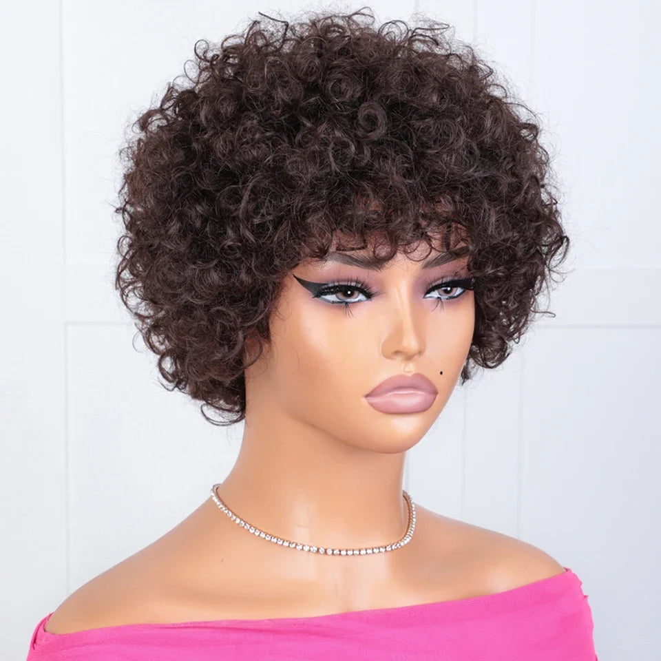 Brazilian Short Bob Pixie Afro Kinky Curly Wigs With Bangs For Black Women Natural Brown 99J Full Machine Made Human Hair Wigs