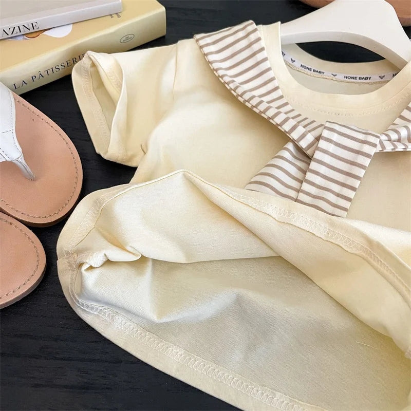 Girls Suit Summer Short-sleeved T-shirt With Stripes Shawls+Pants 2Pcs Outfits Kids Casual Clothes Children's Fashion Sets 1-12Y
