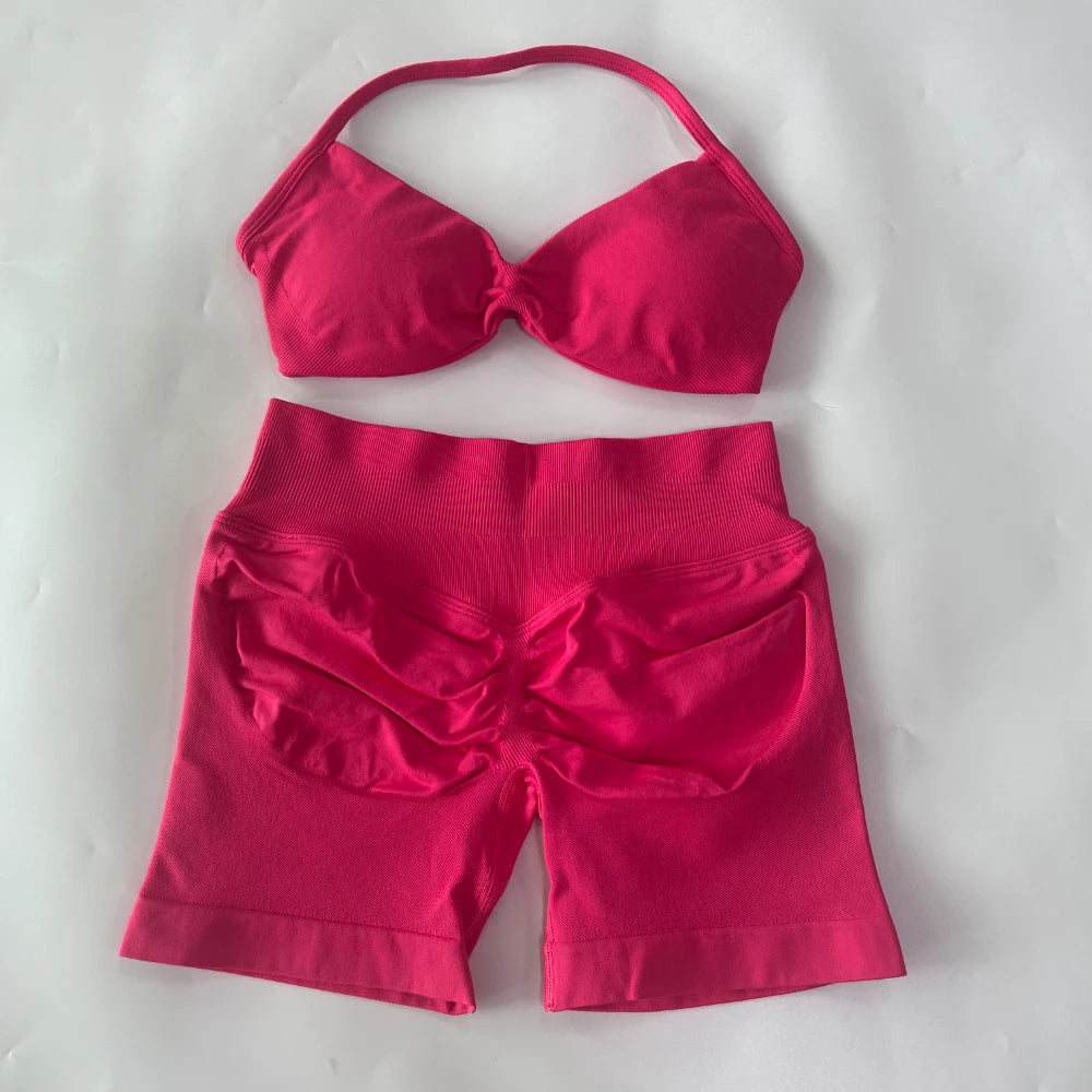 NO LOGO 2PCS Gym Set Women Strappy Yoga Bra Top High Waist Workout Scrunch Shorts Sports Suit Seamless Yoga Set Fitness Clothes