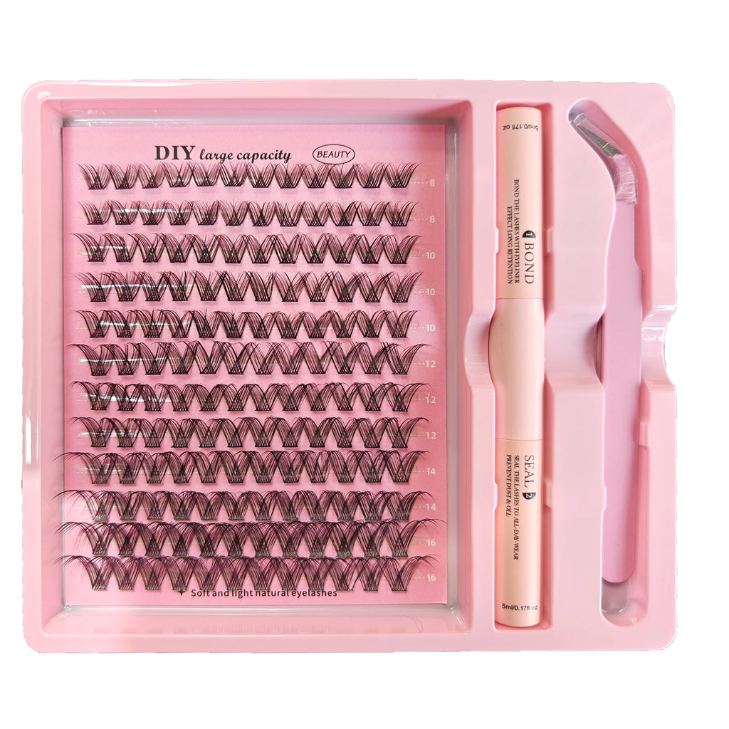 DIY Clusters Lash Kit Full Set 8-16mm Mix Bond&Seal Tweezers Lash for Self Application Makeup Individual Eyelash Extensions