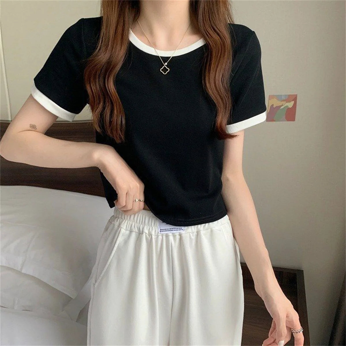 Fashion Patchwork T-shirts Women Basic Tee Casual Oversized Tops Quality Unisex Short Tshirts Tees Girl Summer Clothing Tops