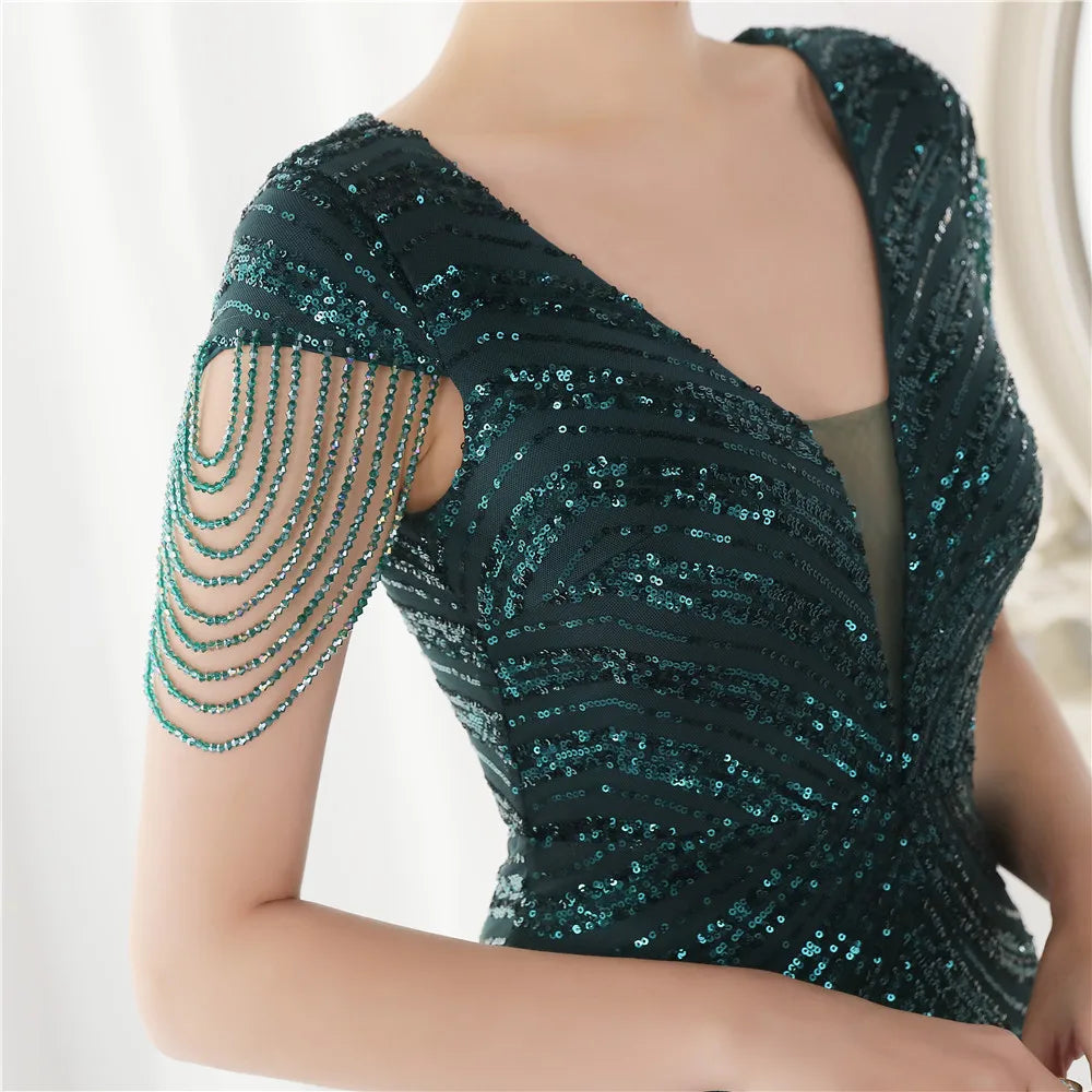 DEERVEADO Elegant V Neck Mermaid Evening Dress Long Luxury Beads Women Evening Party Dresses 2025 New Formal Dress 19085