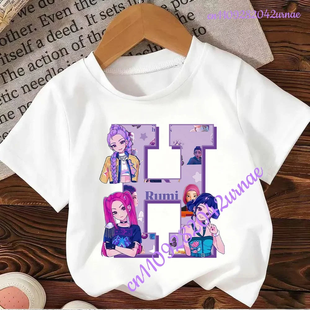 Kpop Demon Hunters Letter A-Z T-shirt Kawaii Rumy Birthday Tops Party Wear Girls Tee Summer Short Sleeve Cotton Kid Clothes