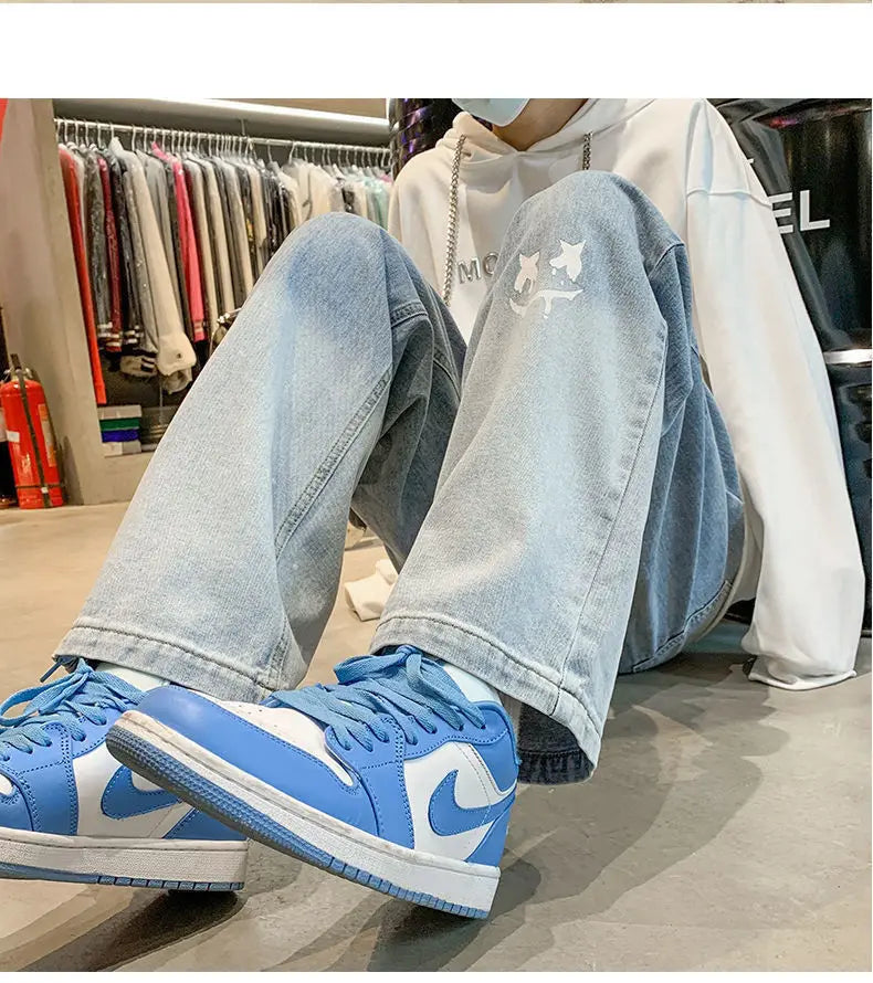 Harajuku Smile Print Baggy Pants Men Streetwear Wide Leg Oversize Jeans Vintage Y2k Straight Long Trousers Male 2024 Fashion