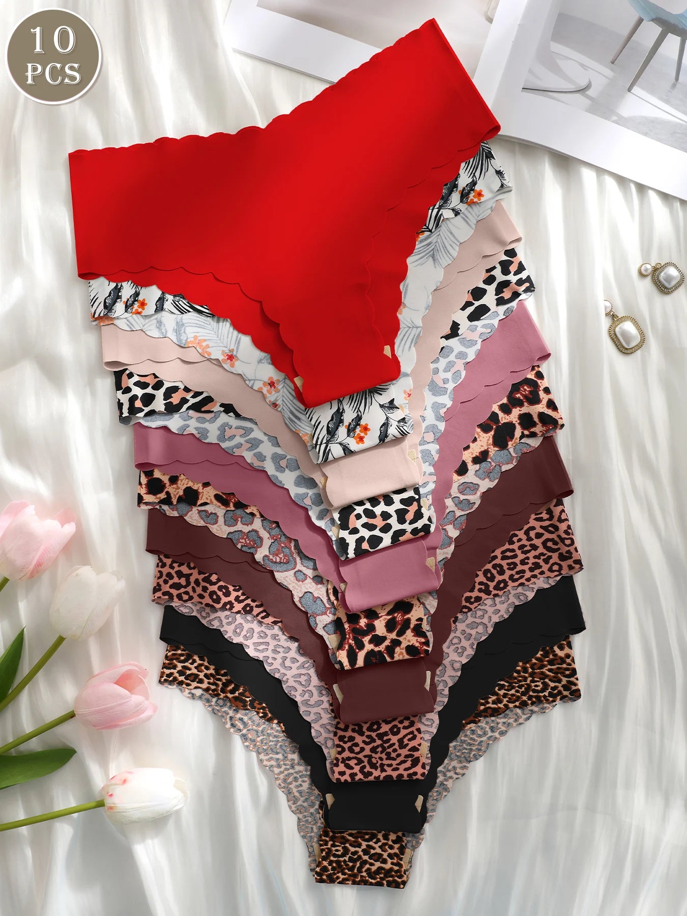 10pcs Women Seamless Wavy Edge Breathable Comfortable Soft Fabric Sexy Triangle Panties
