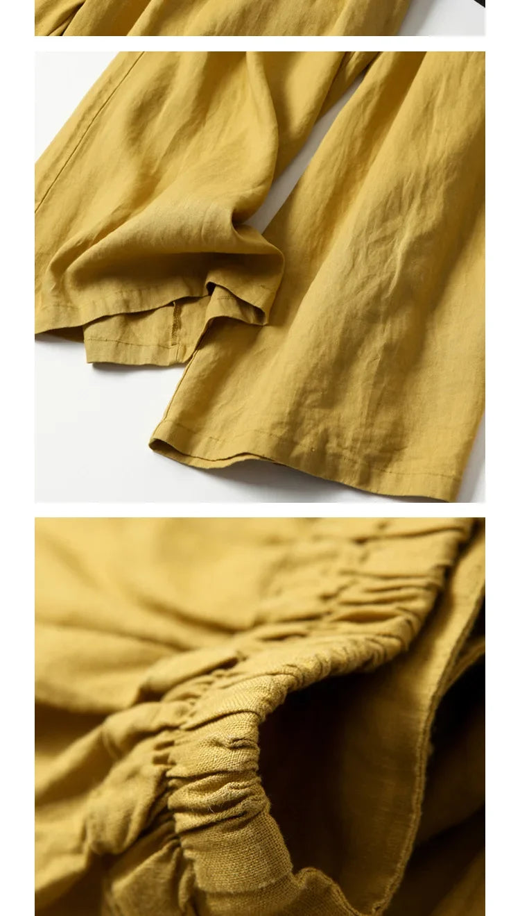2026 Summer Women's Culottes Cotton Linen Cropped Wide Leg Pants Elastic Waist Casual Palazzo Trousers with Pockets