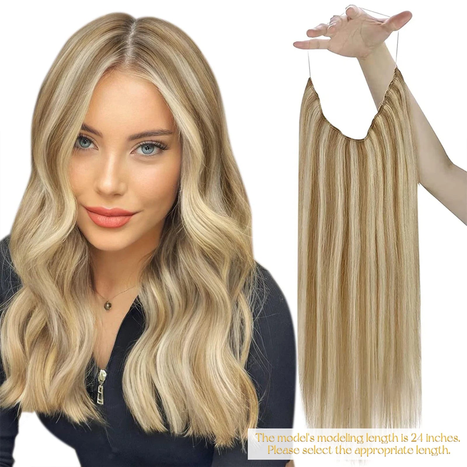 VeSunny Fish Line Human Hair Extension Wire Natural Hair One Piece Invisible Wire Hair Weft with 2 Clips Blonde Soft Remy Hair