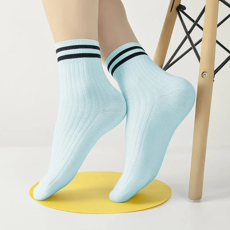 Kids Boys Girls Cotton Socks - Seamless Double Needle Ribbed 2-Stripe, Teens Students All Season School Home Sports Socks