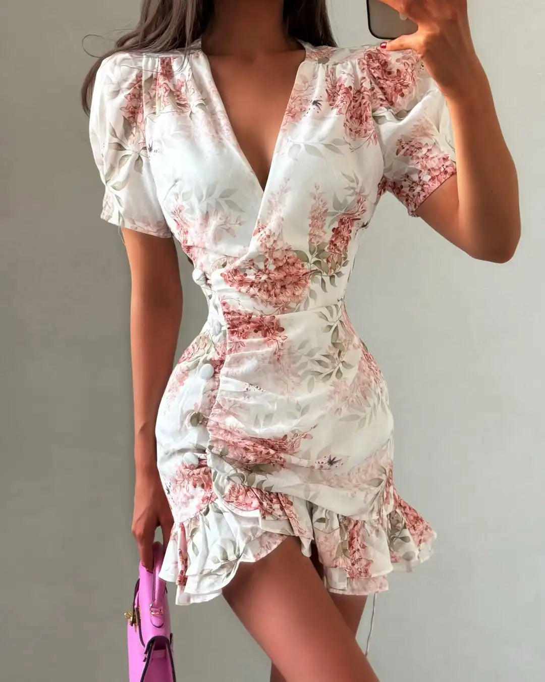 Sexy Pink Floral Print Ruffle Slim Short Dress Women Elegant V-neck Pleated Puff-sleeve Ruched Dresses Lady Party Club Robe New