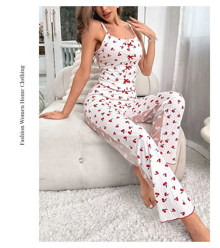 Women's Sleepwear & Loungewear Heart Print Contrast Lace Pajamas Pj Set Summer Sleevelss Cami Top & Elastic Pants Pyjama 2 Piece