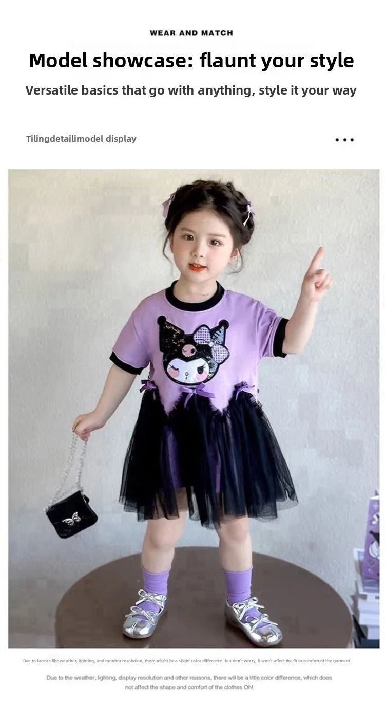 kuromi Princess Style Short Sleeve Dress for Girls Baby Mesh Skirt Summer New Arrival Children's Clothing Casual Daily Skirt