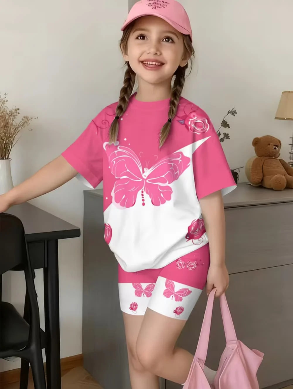 2-Piece Summer Children's Comfortable Cute Butterfly 3D Print Short Sleeve Shorts Set for Boys and Girls Casual Home Outdoor Set
