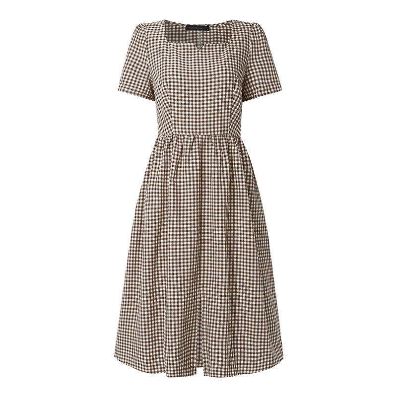 Women Summer Plaid Dress 2026 ZANZEA Elegant Square Neck Short Sleeve Midi Dresses Casual Work Vestidos Stylish Holiday Sundress