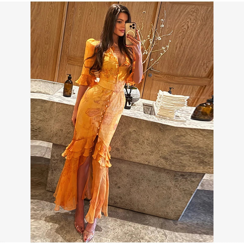 Organza Floral Printed Maxi Dress V-neck Puff Sleeve 2026 Spring/summer Romantic Women Party Gown Fashion Elegant Lady Vestido