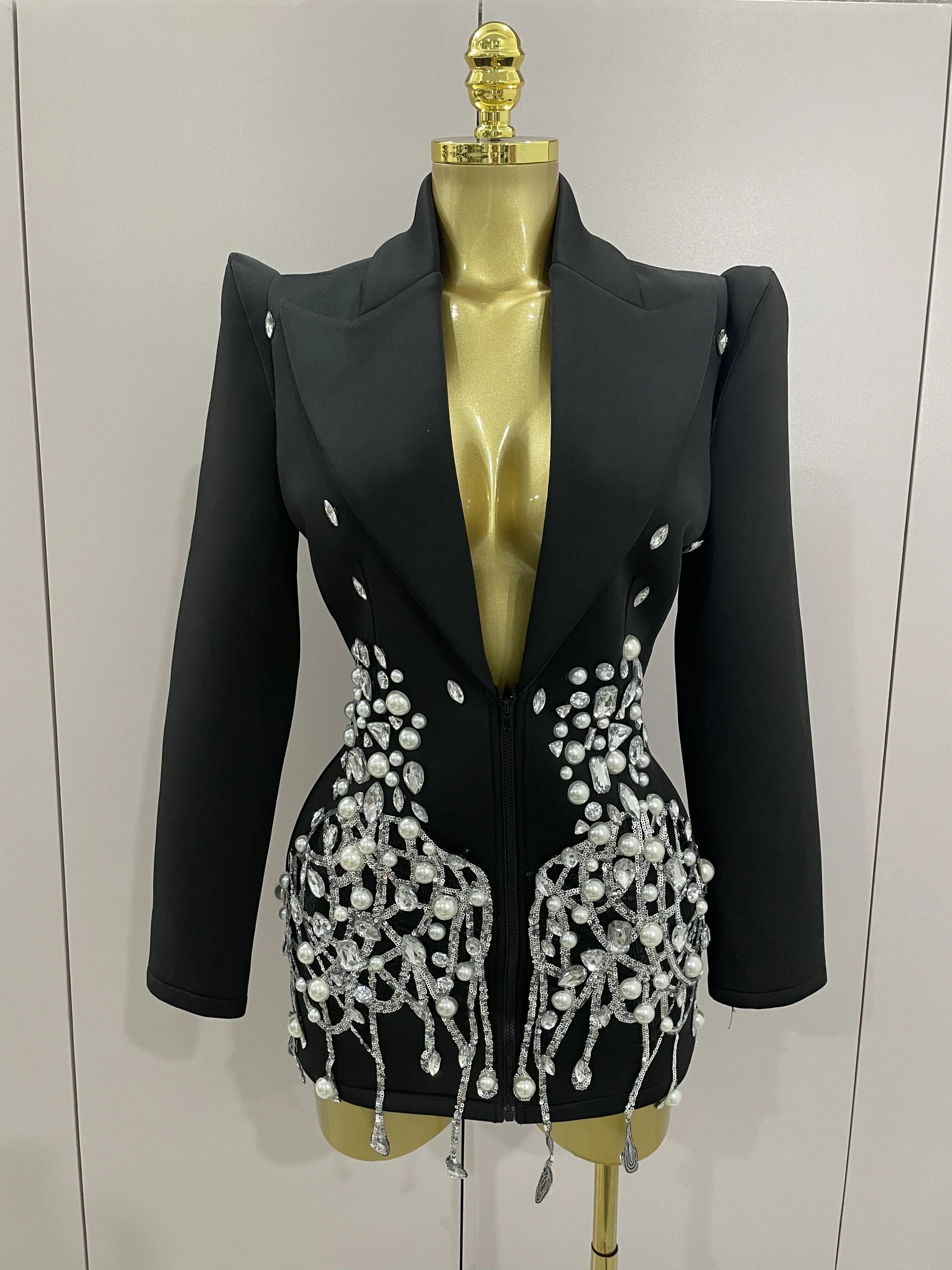 Sparkly Crystal Chains Pearls Long Sleeve Mini Dress 2025 Women Birthday Evening Party Nightclub Outfit Singer Wedding Costume