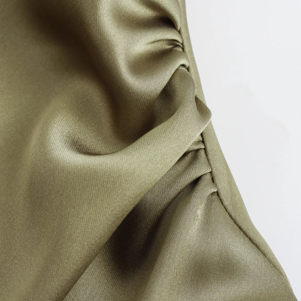 XNWMNZ 2024 Women's Fashion Satin Midi Dress Women High Street O Neck twisted armholes Waist Gathered Fit female Midi Dresses