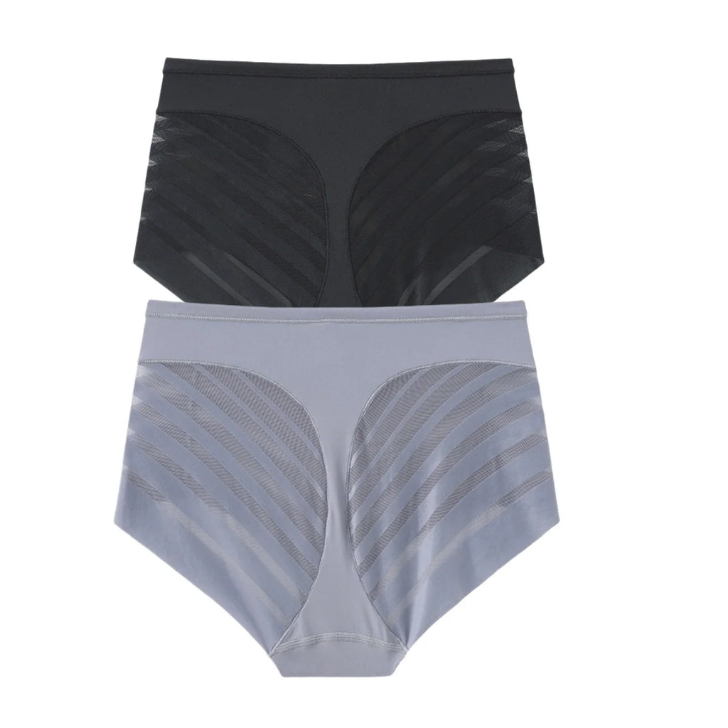 2Pcs/Set Women's Ice Silk Tummy Control Panties Mid Waist Mesh Splice Shaping Briefs Butt Lifter Slimming Soft Underwear M-3XL