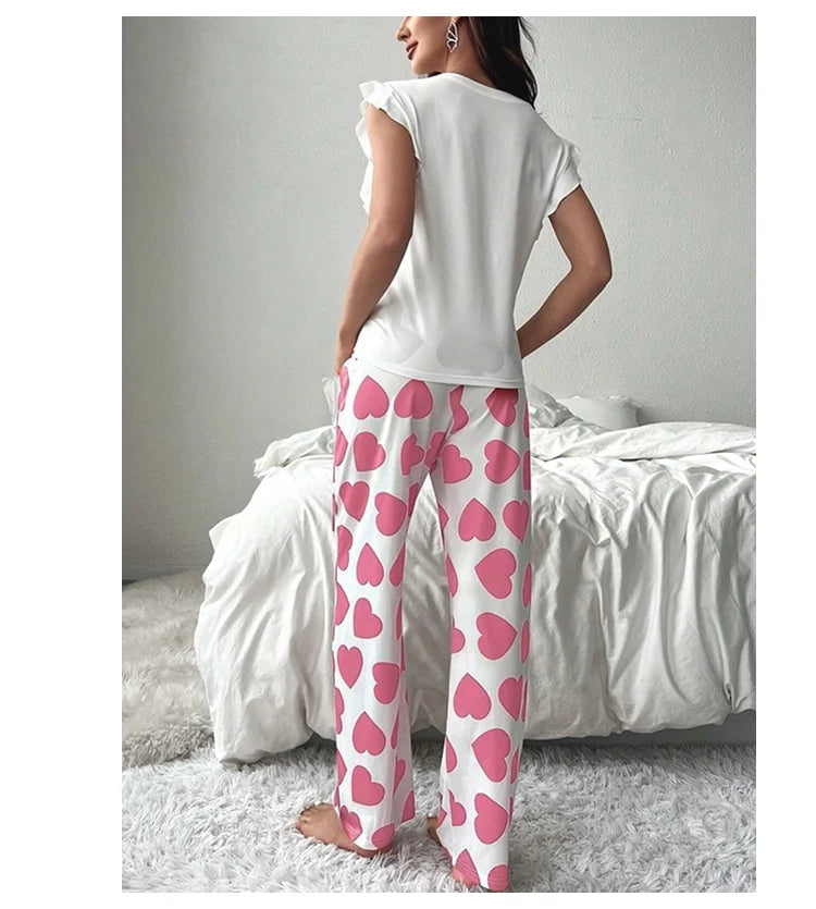 Heart & Letter Printed Womens Pajama Pj Set Soft Short Sleeve Tops & Elastic Waist Pants Pyjama Pijama Femme Casual Home Clothes