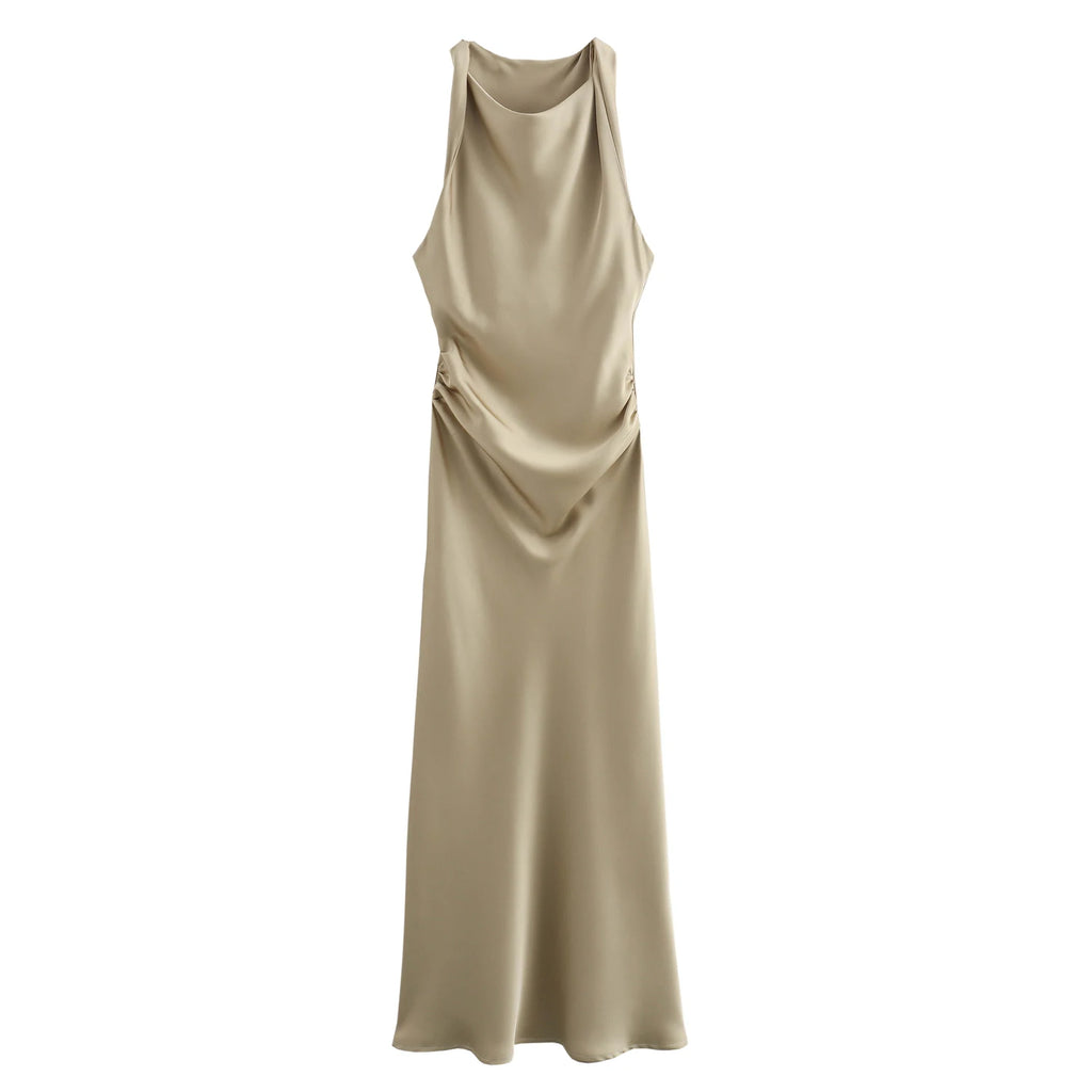 XNWMNZ 2024 Women's Fashion Satin Midi Dress Women High Street O Neck twisted armholes Waist Gathered Fit female Midi Dresses
