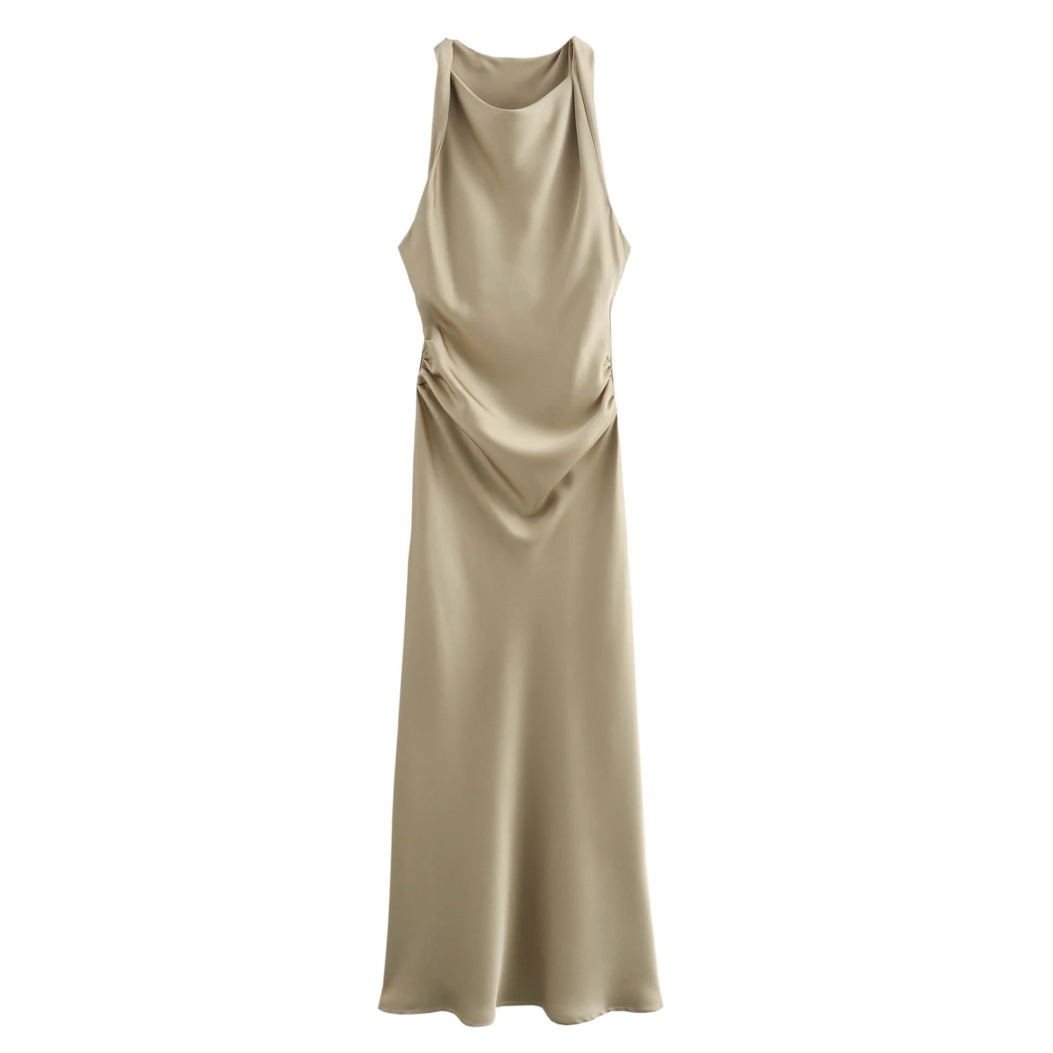XNWMNZ 2024 Women's Fashion Satin Midi Dress Women High Street O Neck twisted armholes Waist Gathered Fit female Midi Dresses