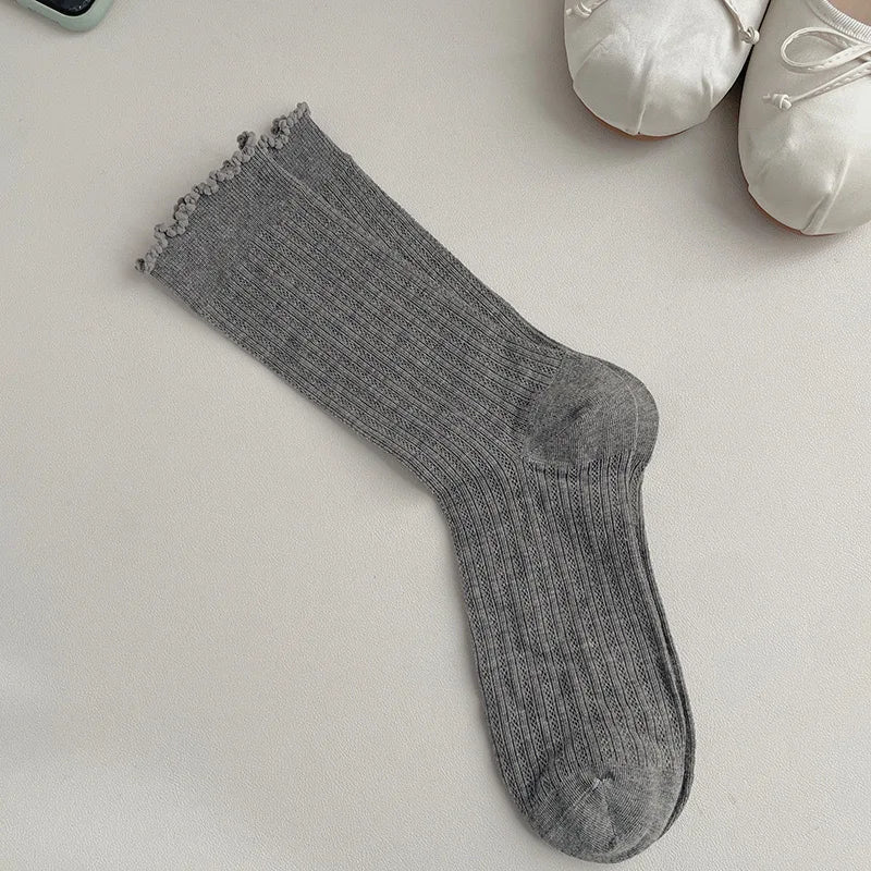 5/10 Pairs Women Solid Color Mesh Mid Tube Socks Summer Lightweight Breathable Fashionable Wavy Edge Ballet Style Casual Socks