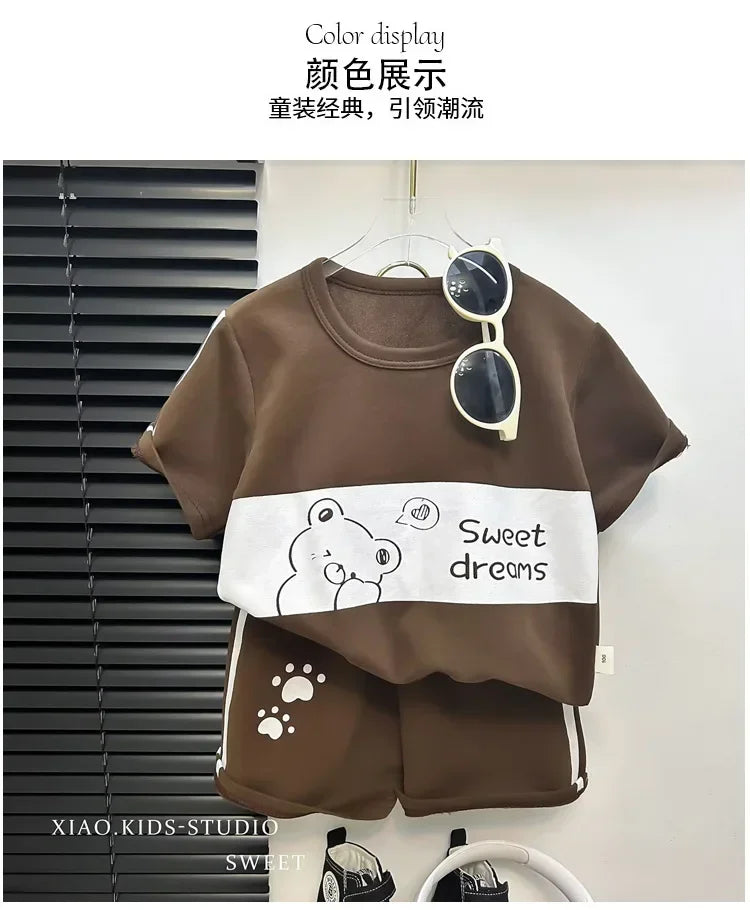 2Pcs Cartoon Bear Children Short Sleeve Shorts Sets Summer Kids Clothes Boy Girl Baby Thin Cotton Tee Tracksuits Fashion Outfits