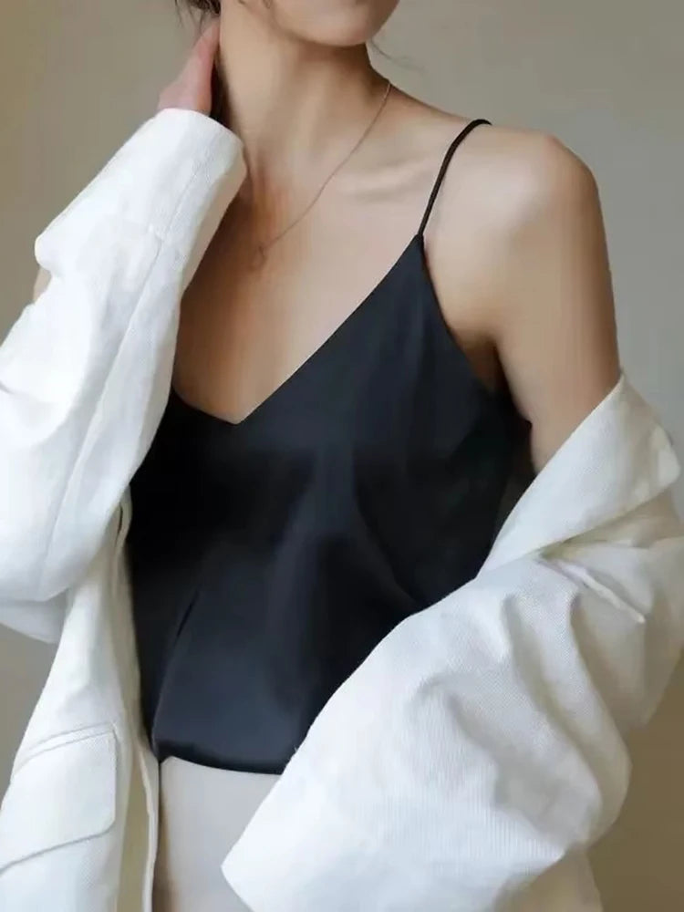 Women Halter V Neck Basic White Cami Spaghetti Strap Top Sleeveless Satin Silk 2026 Tank Tops Women'S Summer Camisole