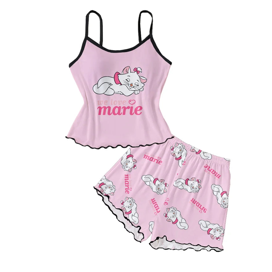 Women's 2-piece Disney Marie Cat Love Cartoon Printed Pattern Strap Top and Shorts Sleepwear Home Clothes