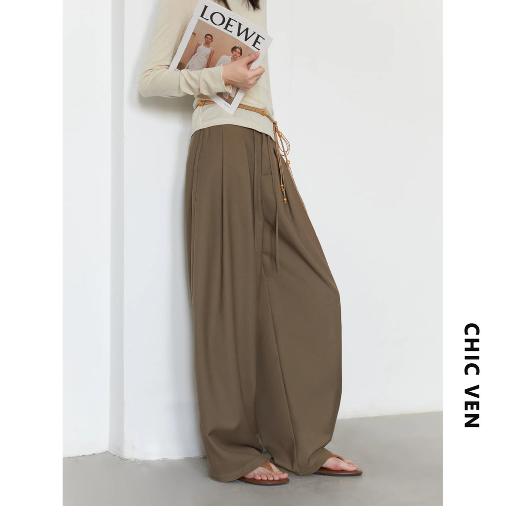 CHIC VEN Women Pants Solid Loose Casual Wide Leg Pant Drawstring Pleated Female Suit Trousers Office Ladies Sping Autumn 2025