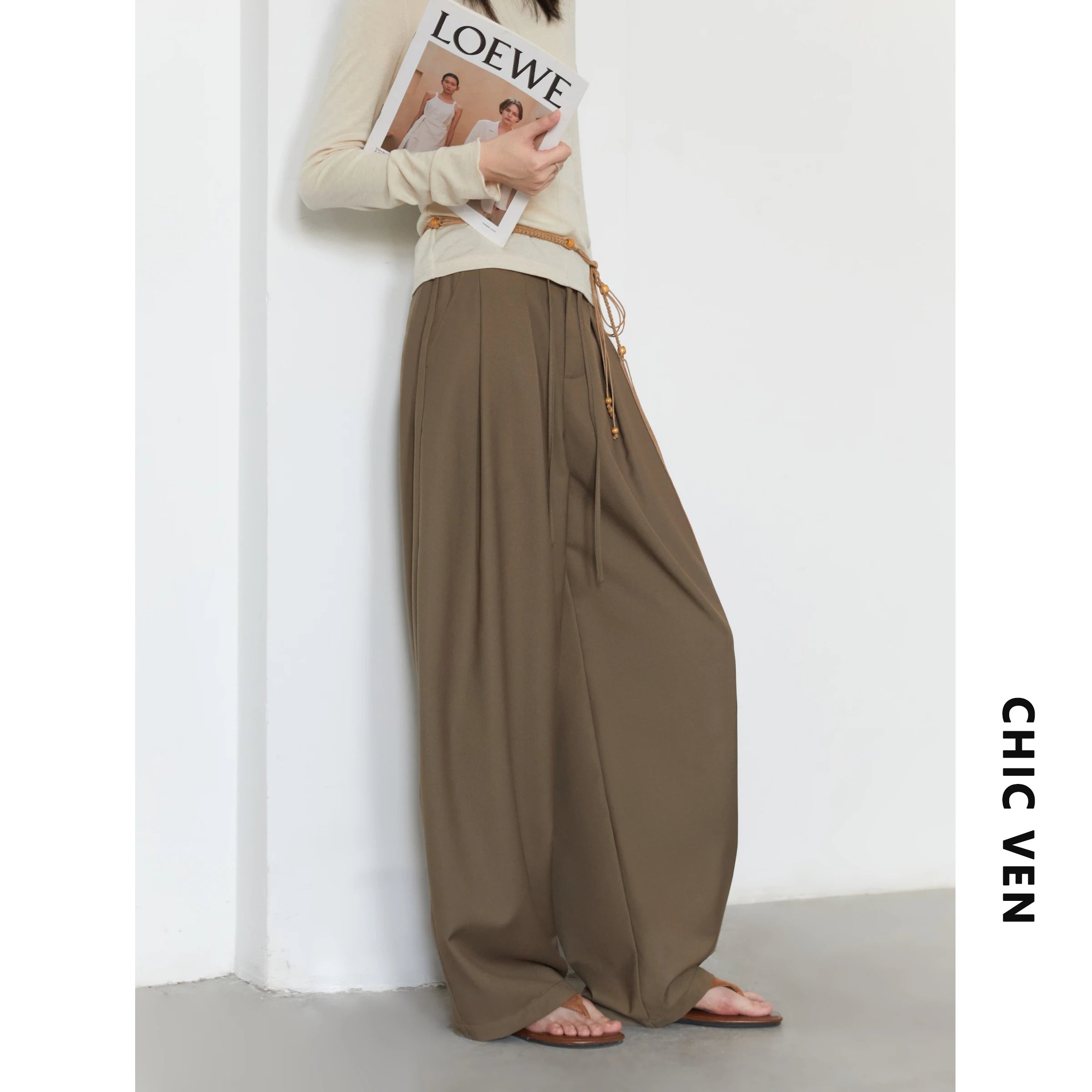 CHIC VEN Women Pants Solid Loose Casual Wide Leg Pant Drawstring Pleated Female Suit Trousers Office Ladies Sping Autumn 2025