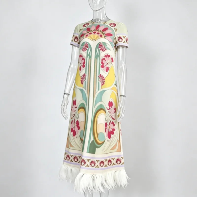 Women Art Floral Print Feather Hem Maxi Dress Short Sleeve Crew Neck Loose Fit Dresses 2026 Summer Fashion Elegant Lady Outwear