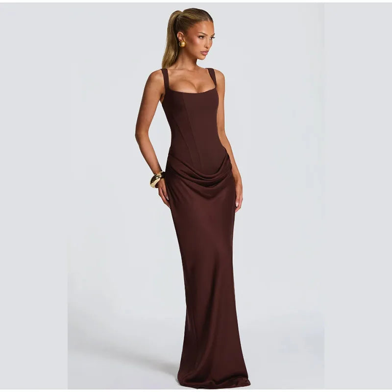 Women's Red Pleated Sling Maxi Dress Square Neck Sleeveless Off-shoulder Waist Cinching Slim Dresses Fashion Evening Party Gowns