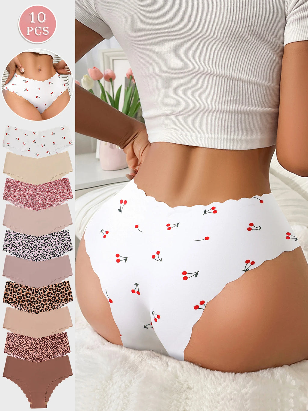 10pcs Women Seamless Wavy Edge Breathable Comfortable Soft Fabric Sexy Triangle Panties