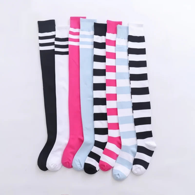 2 Pairs Women's Over The Knee Socks Cotton Thigh High Socks Black White Blue Colorful Striped Pattern Fashion Casual Daily Wear