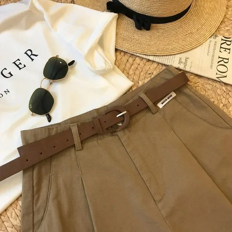 New Wide Leg Shorts for Women Summer Thin Cotton A Line Short Pants Office Lady Classic Loose Casual Zipper Women‘s Shorts