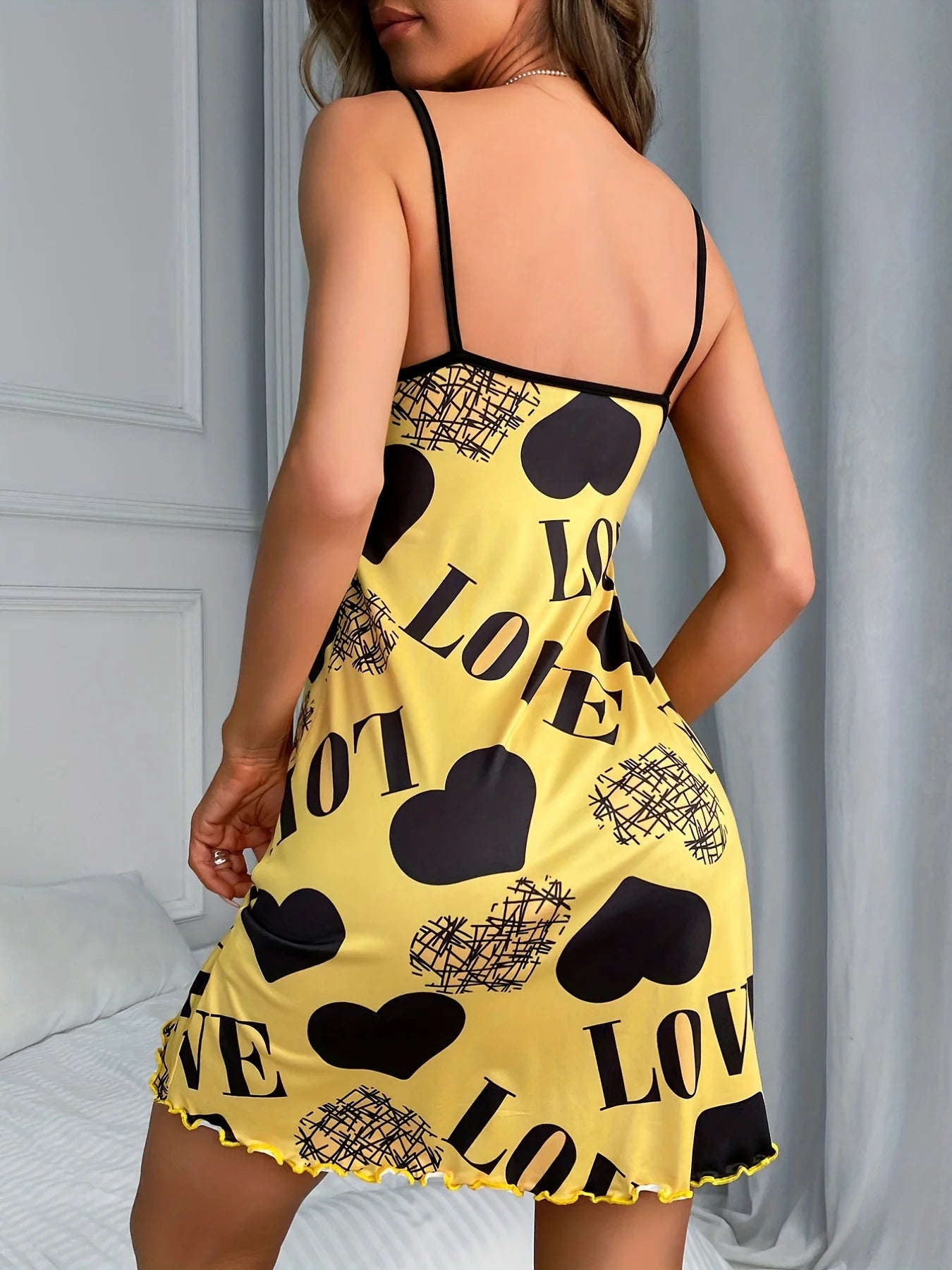 Women Summer Camisole Nightgown Backless Heart LOVE Print Soft Breathable Sleepwear Ruffle Hem Round Neck Night Dress
