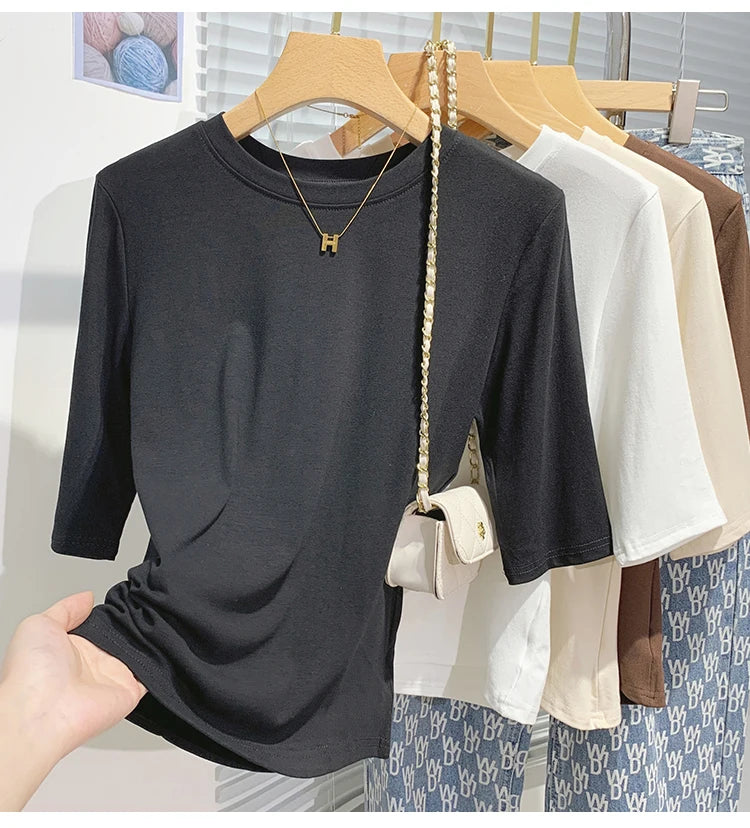 AOSSVIAO 2026 Summer 100% Cotton Women's T-shirt Bottoming Basic Crew Neck Fashionable Solid Lady Short Sleeve Tops Shirts