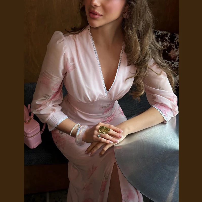 Elegant Print Women Long Dress Fashion Trumpet Pleated Short Puff Sleeve V-neck Female Dresses 2026 Summer Beach Lady Robe New