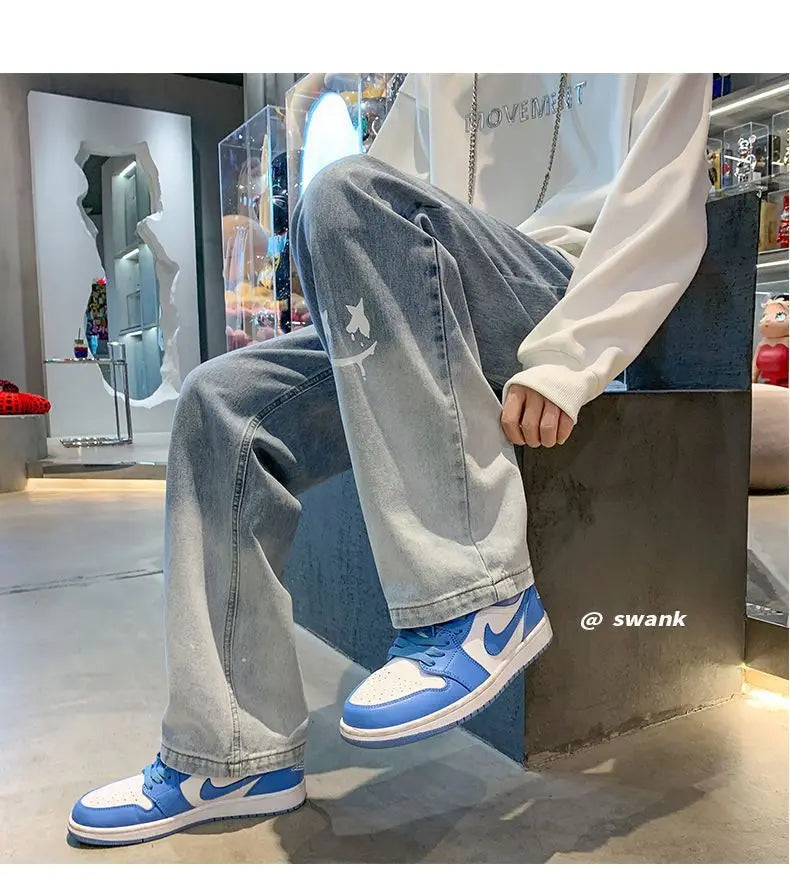Harajuku Smile Print Baggy Pants Men Streetwear Wide Leg Oversize Jeans Vintage Y2k Straight Long Trousers Male 2024 Fashion