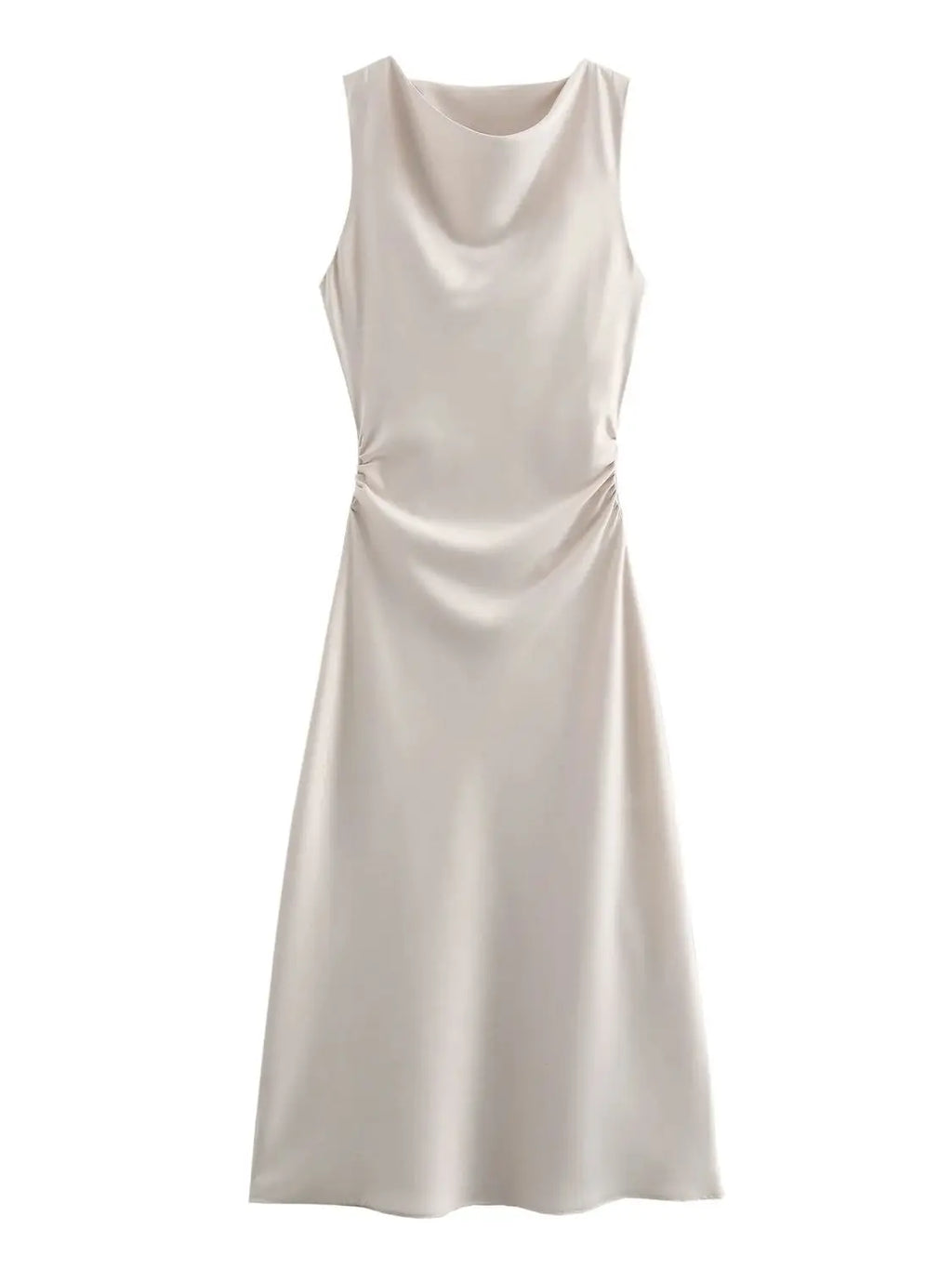 XNWMNZ 2024 Women's Fashion Satin Midi Dress Women High Street O Neck twisted armholes Waist Gathered Fit female Midi Dresses