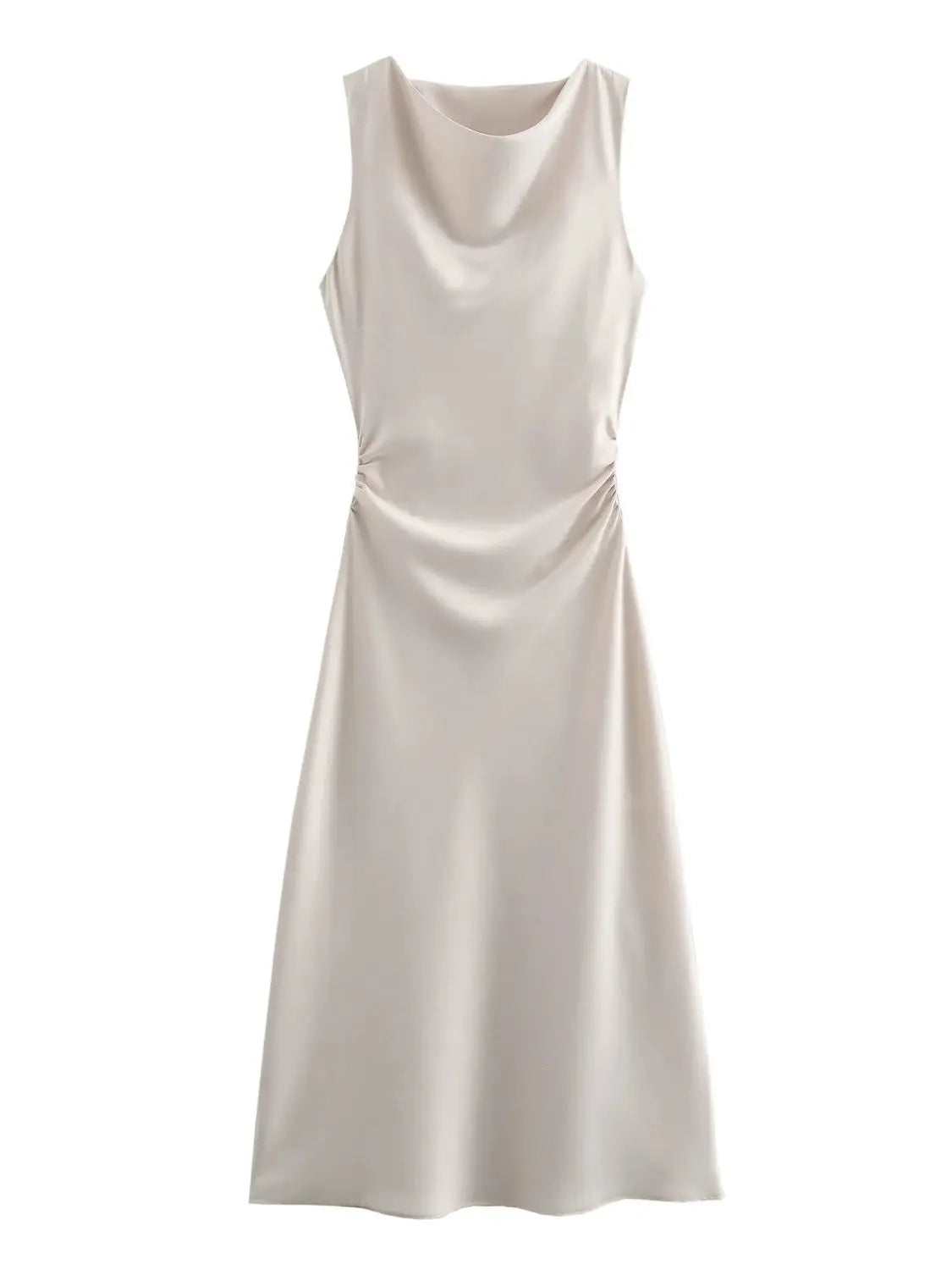 XNWMNZ 2024 Women's Fashion Satin Midi Dress Women High Street O Neck twisted armholes Waist Gathered Fit female Midi Dresses