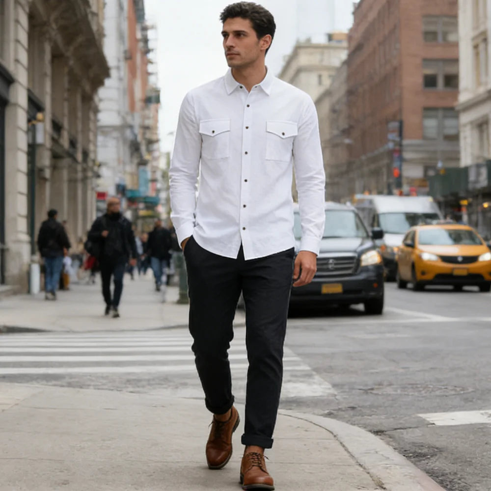 2026 New Men's Long Sleeve Casual Shirt Double Chest Pocket Button Up Shirt Soft Cotton Linen Men's Daily Work Tops