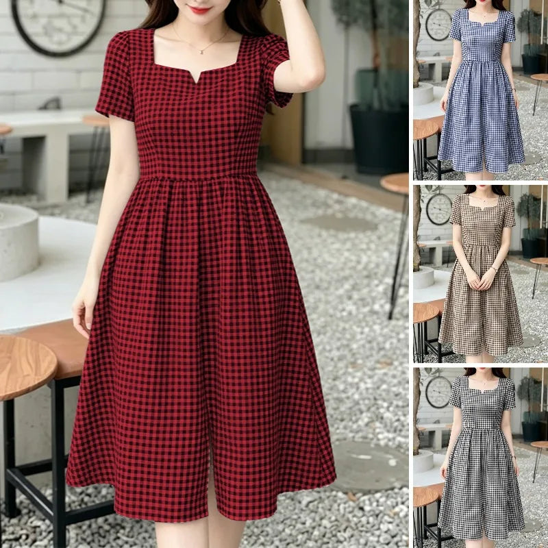 Women Summer Plaid Dress 2026 ZANZEA Elegant Square Neck Short Sleeve Midi Dresses Casual Work Vestidos Stylish Holiday Sundress