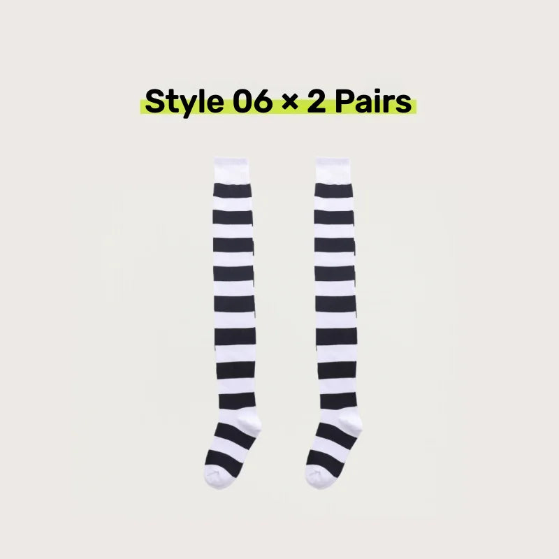 2 Pairs Women's Over The Knee Socks Cotton Thigh High Socks Black White Blue Colorful Striped Pattern Fashion Casual Daily Wear