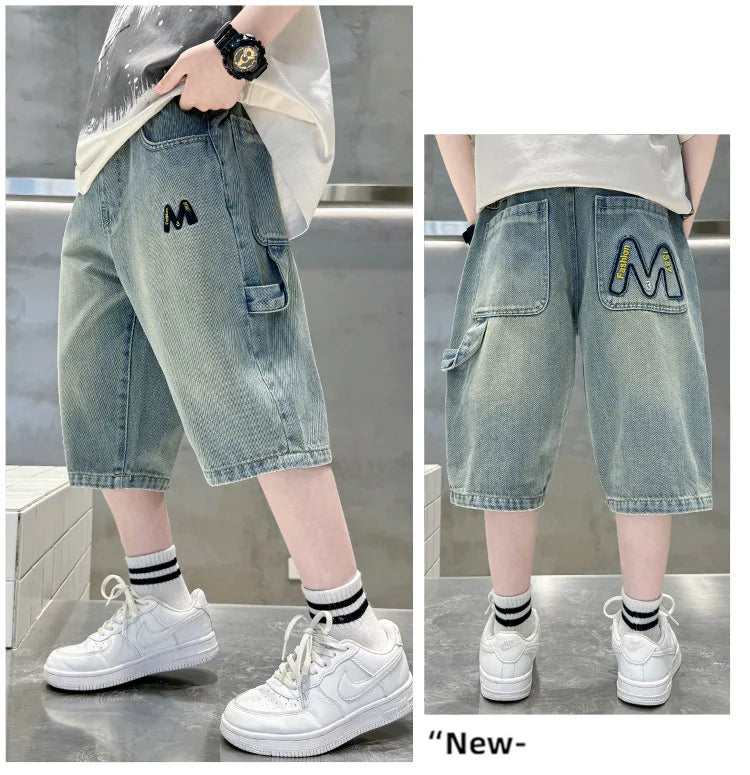New Summer Teen Boys Shorts Jeans Fashion Letter M Embroidery Short Denim Pants For 4-14 Years Kids Children Trousers