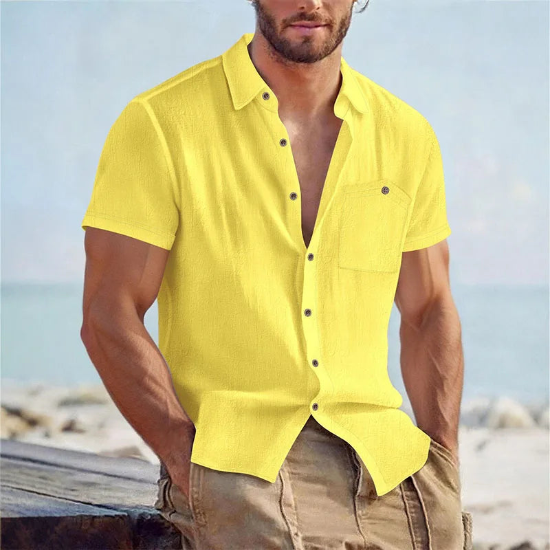Men's Linen Blend Short Sleeve Button Down Shirt Casual Beach Tops with Chest Pocket Breathable Lightweight Summer Shirts forMen