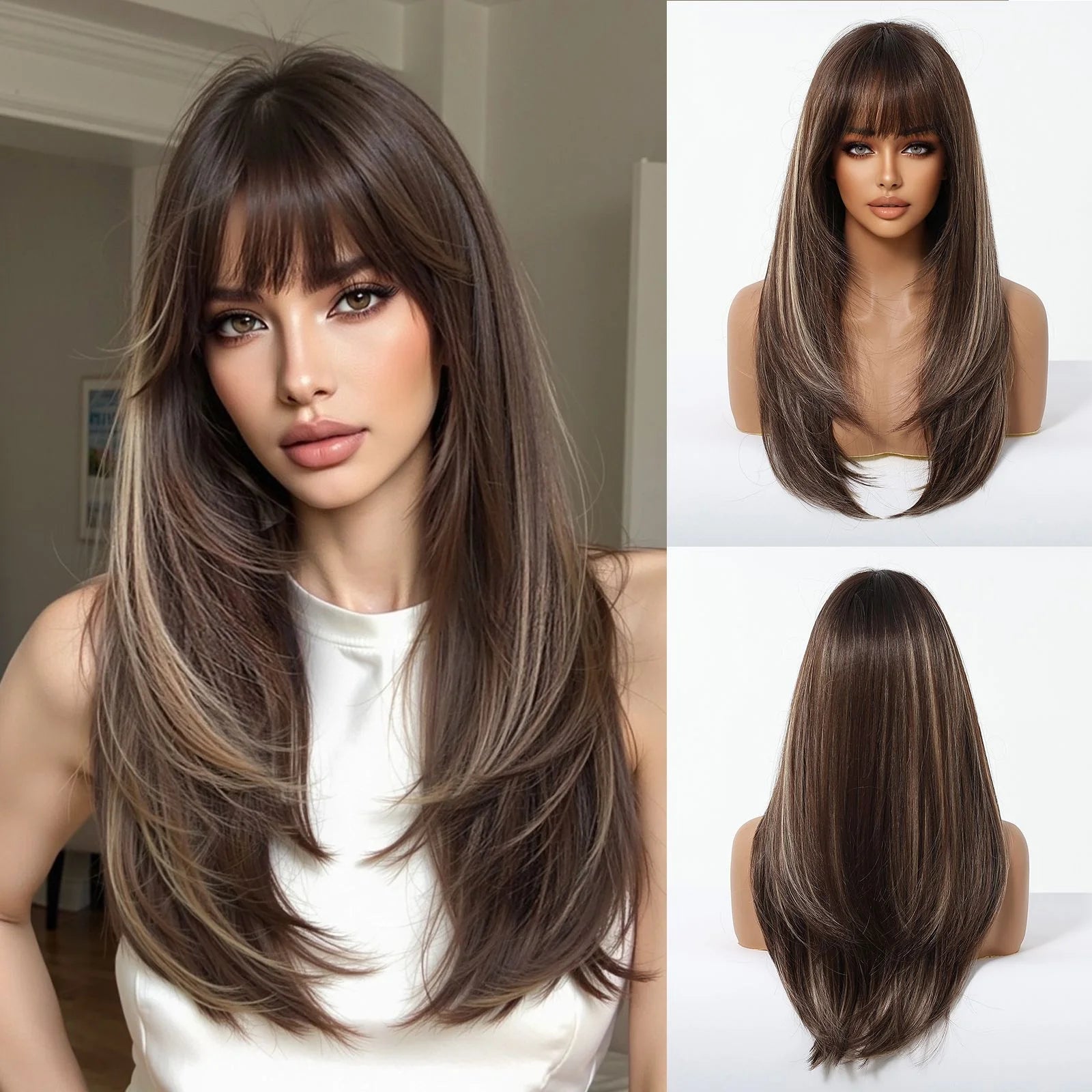 ALAN EATON Long Brown Highlight Synthetic Wigs Layered Straight Hair Wig Realistic Fake Hair for Daily Wear High Temperature Wig